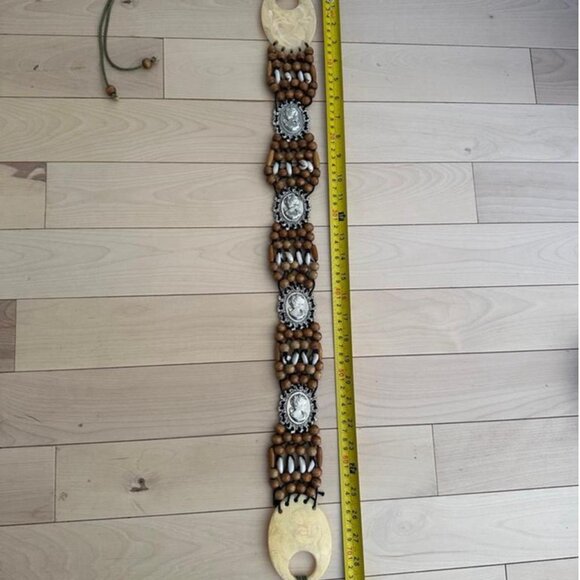 Unique vintage boho belt with wood beads, faux bone carved ring - Picture 2 of 5